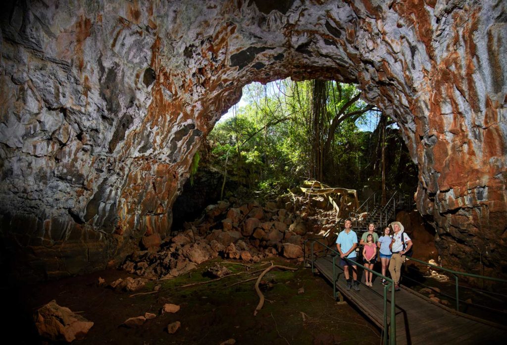 Family and Savannah Guide exploring Undara Lava Tubes on the Archway Explorer Tour